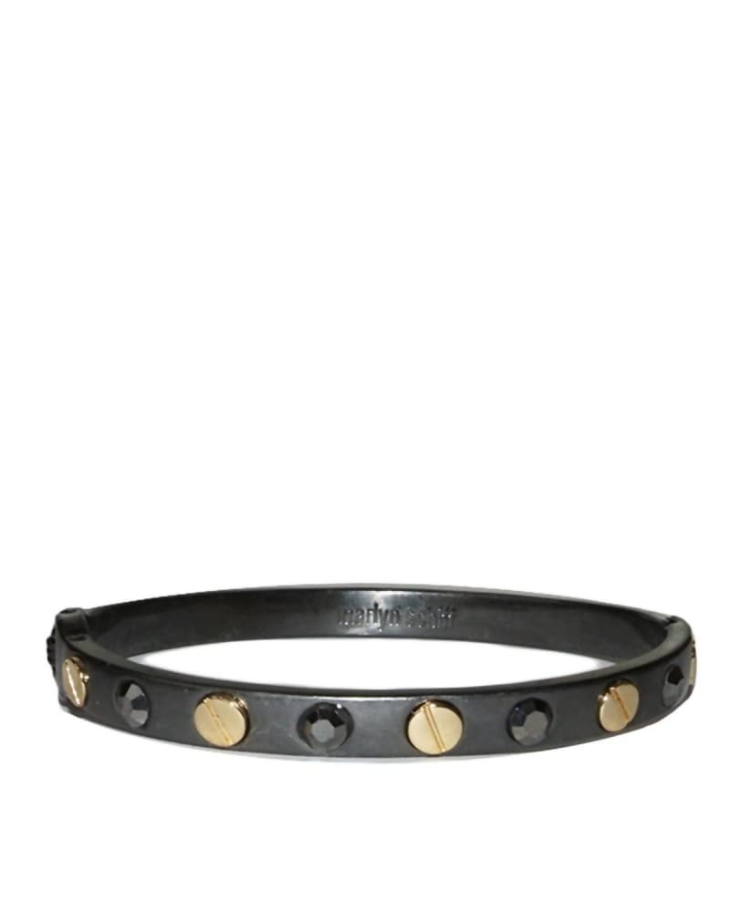 Front of a size O/S Nail Head Metal Hinge Bangle in Hematite in Hematite by marlyn schiff. | dia_product_style_image_id:329669